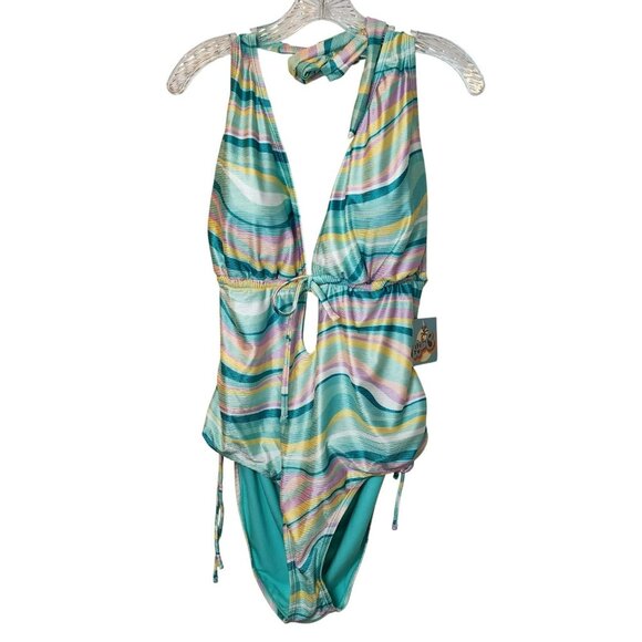 Blu C Plunge Halter One-Piece 2X | Poly/Spandex | Pastel Wave | NWOT - Picture 4 of 5